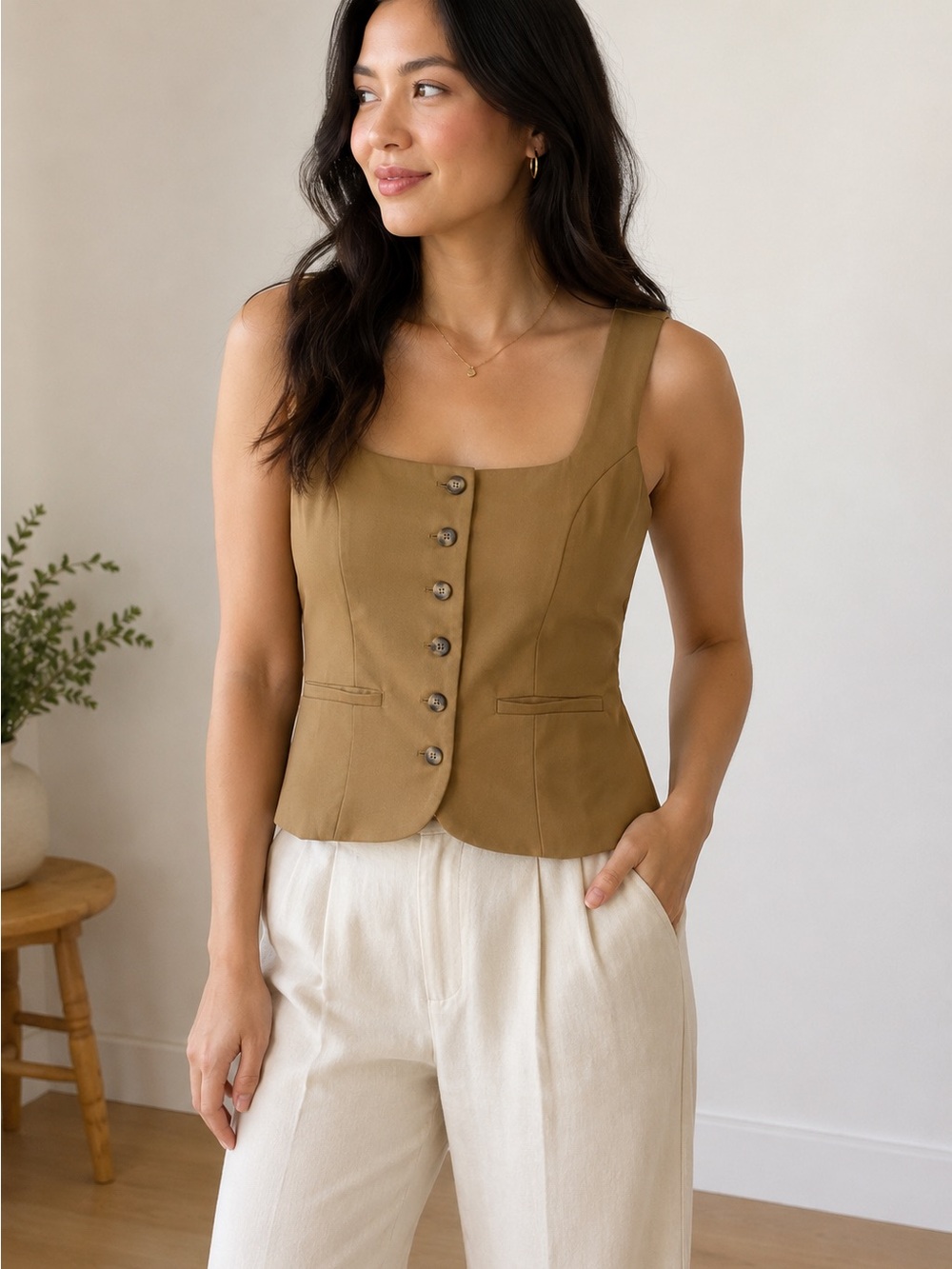 Mio Muse Camel Button-Front Sleeveless Tank Top